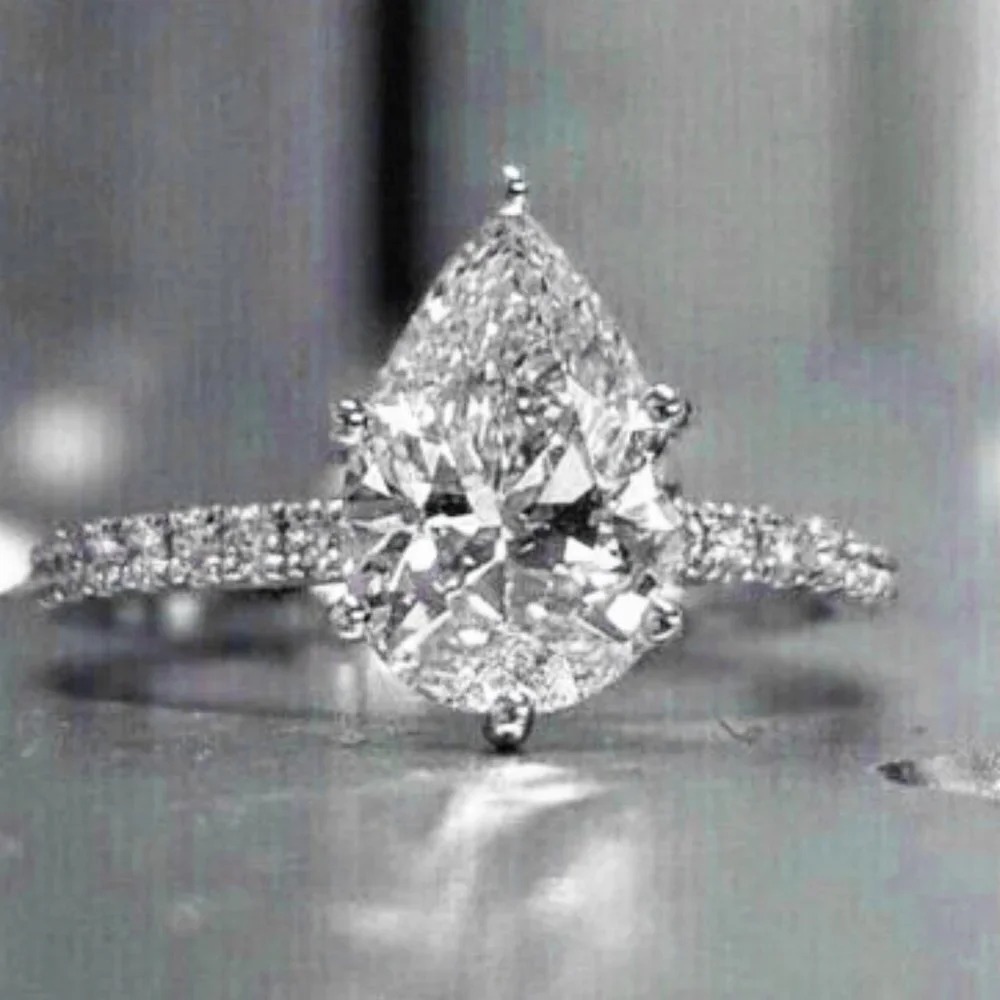 😍Anillos Pear Water Drop Crystal Clear Zircon Silver Fashion Ring Women, L105